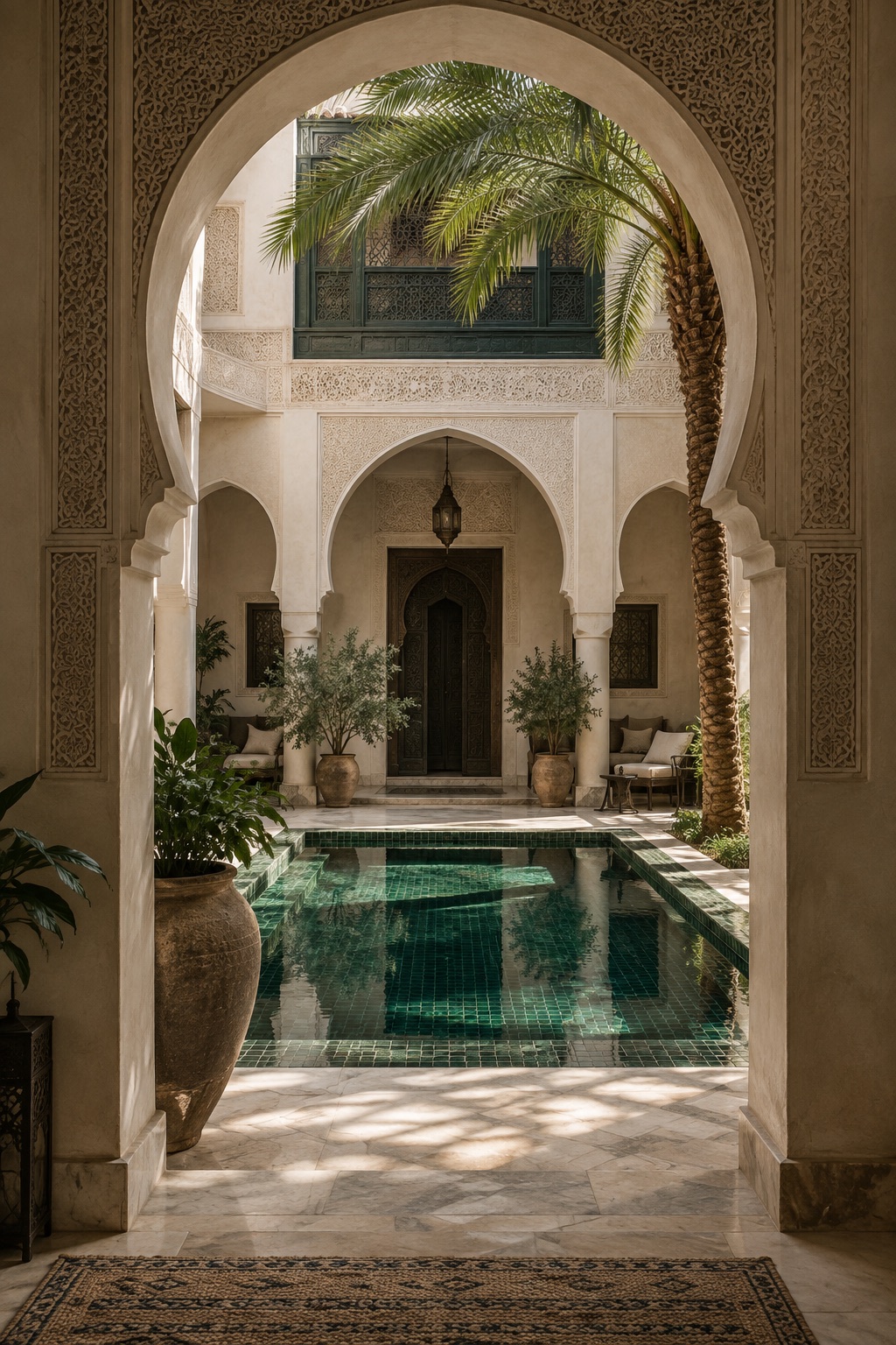 Patio de riad imaginaire aux zelliges verts, création architecturale Higgsfield